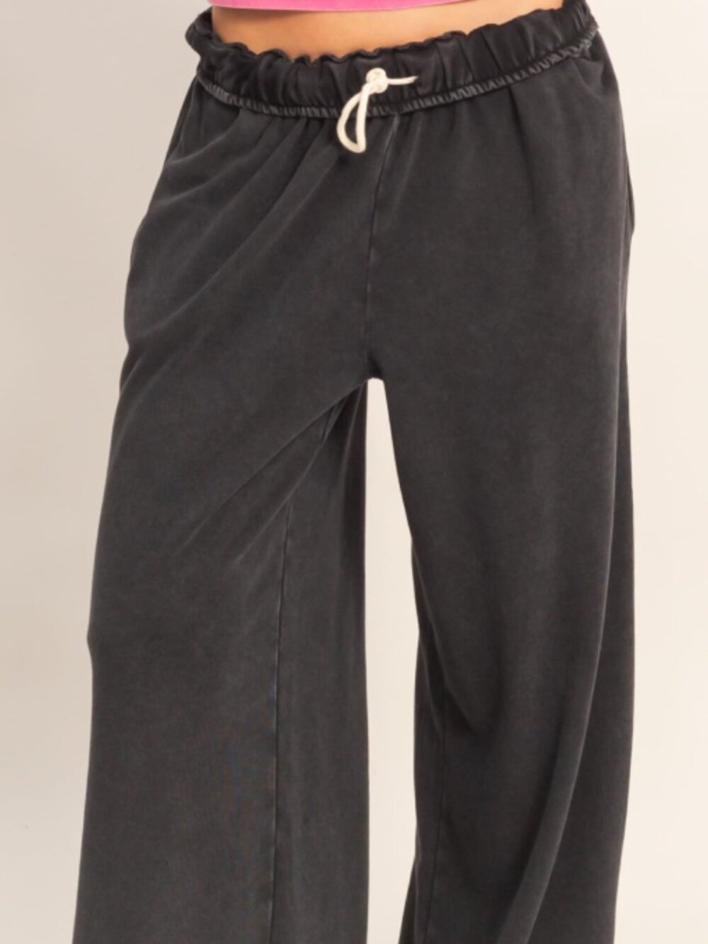 FOLD-OVER WAIST WIDE LEG SWEATPANTS - BLACK
